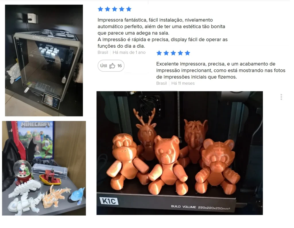 impressora creality k1c realtos e impressoes reais feitas por compradores