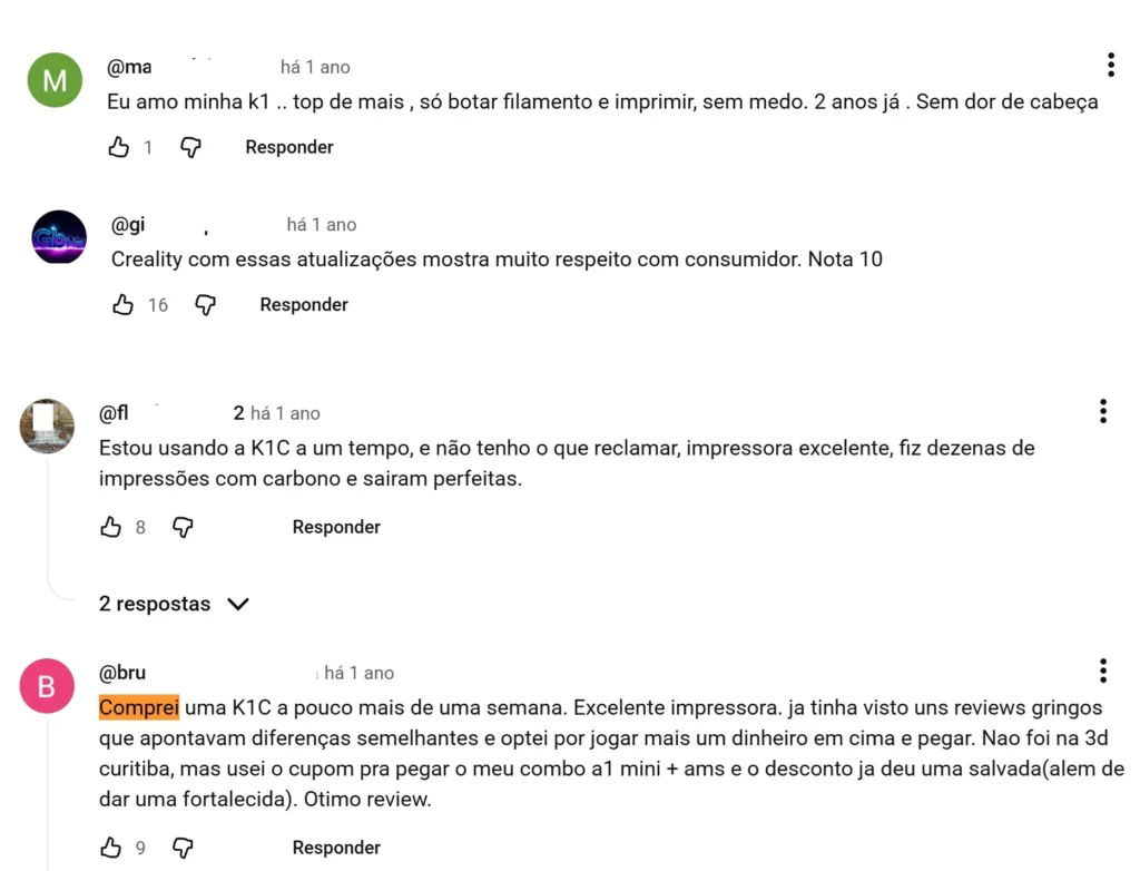 relatos de compradores creality k1