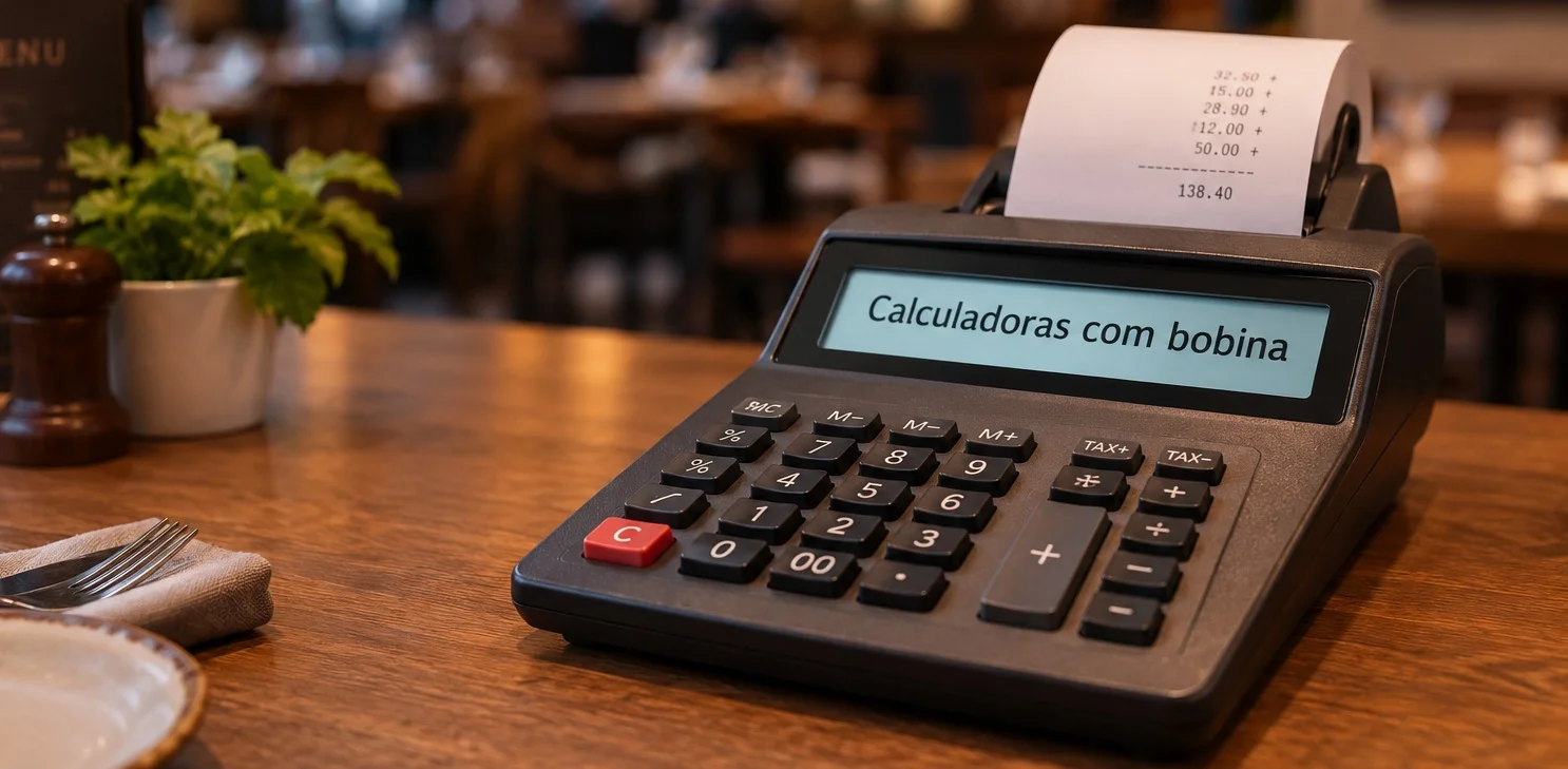 calculadora com bobina em cima de uma mesa