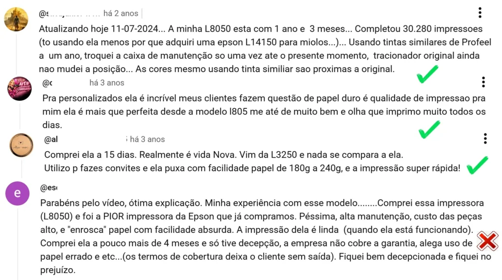 relatos de compradores l8050 impressora fotográfica