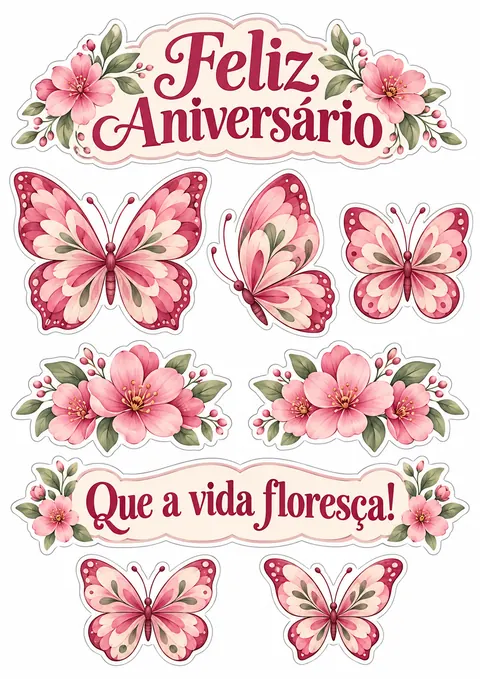 Topo de bolo borboletas rosa para imprimir — prévia da folha para recortar