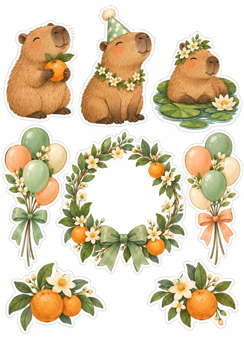 Topo de bolo de capivara com flores para imprimir — prévia da folha para recortar