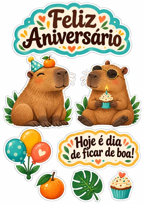 Topo de bolo capivara para imprimir — prévia da folha para recortar