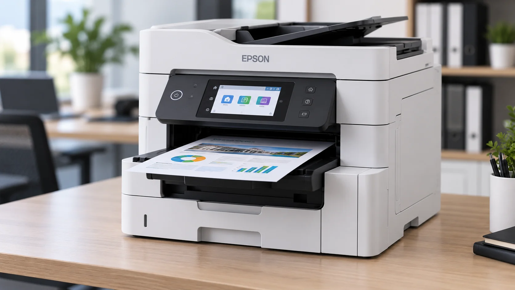 impressora Epson C5890 em cima de uma mesa imprimindo
