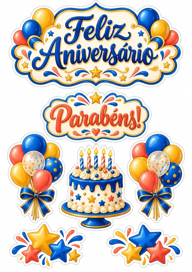 Topo de bolo feliz aniversário para imprimir — prévia da folha para recortar