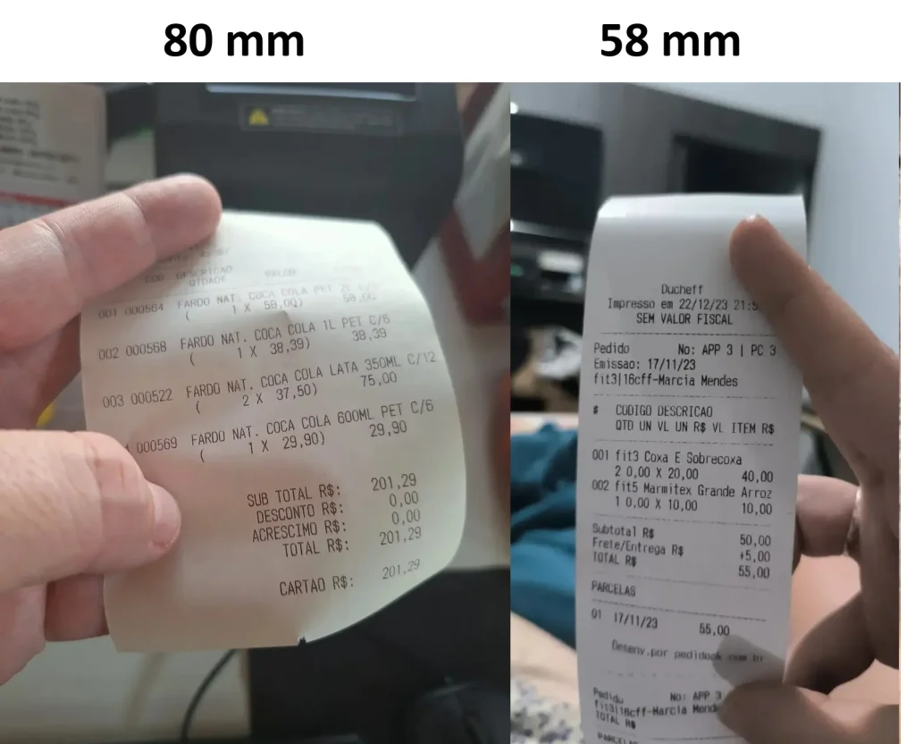 comparacao tamanho impressora pedidos 58 mm e 80 mm