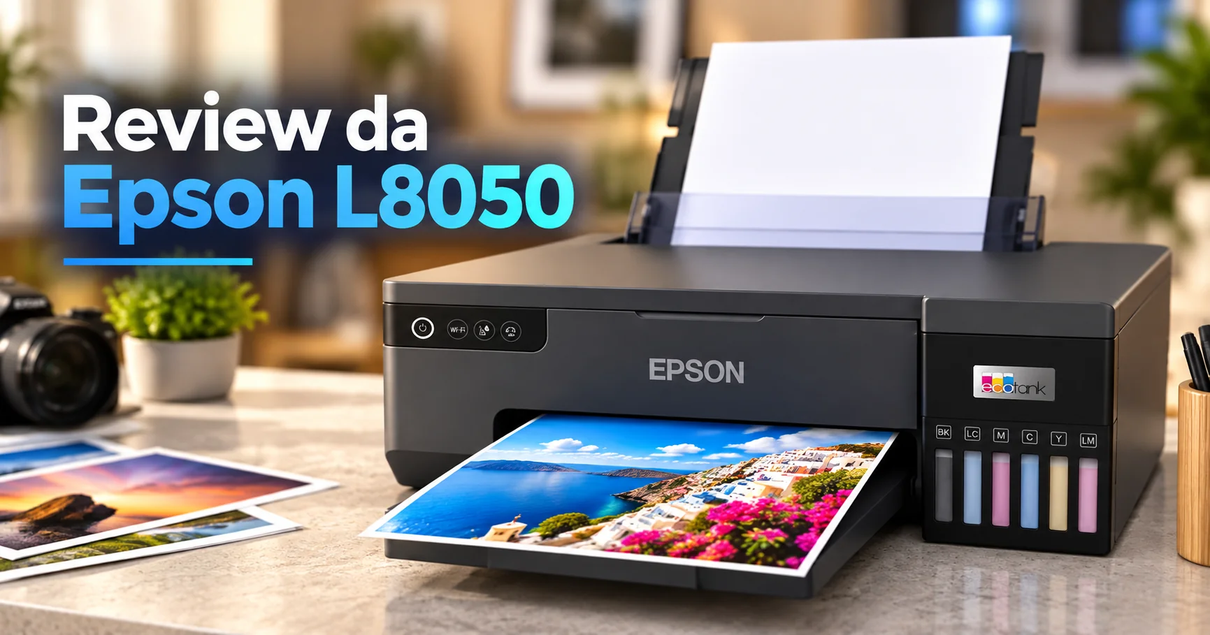 Impressora epson l8050 em cima de uma bancada imprimindo foto